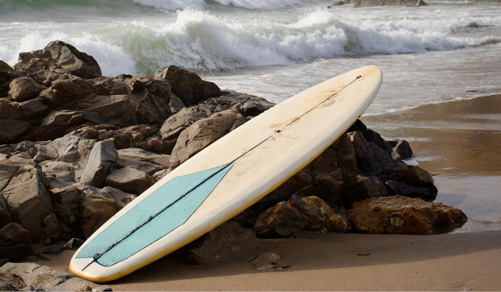 Planche de surf perdue sur une plage